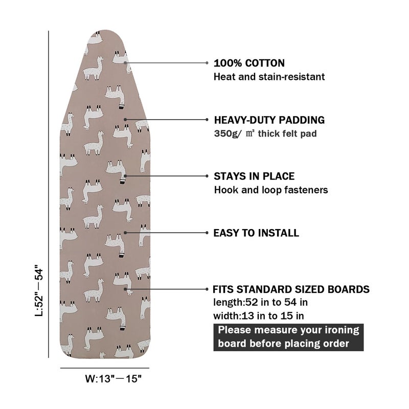 LCLW Ironing Board Cover and Pad Standard Size 15" x 54",3 Pairs of Hook and Loop Fastener Straps,Elastic Edges,Cotton Iron Board Cover with Scorch Resistant Thick Padding(Alpaca) - Image 2